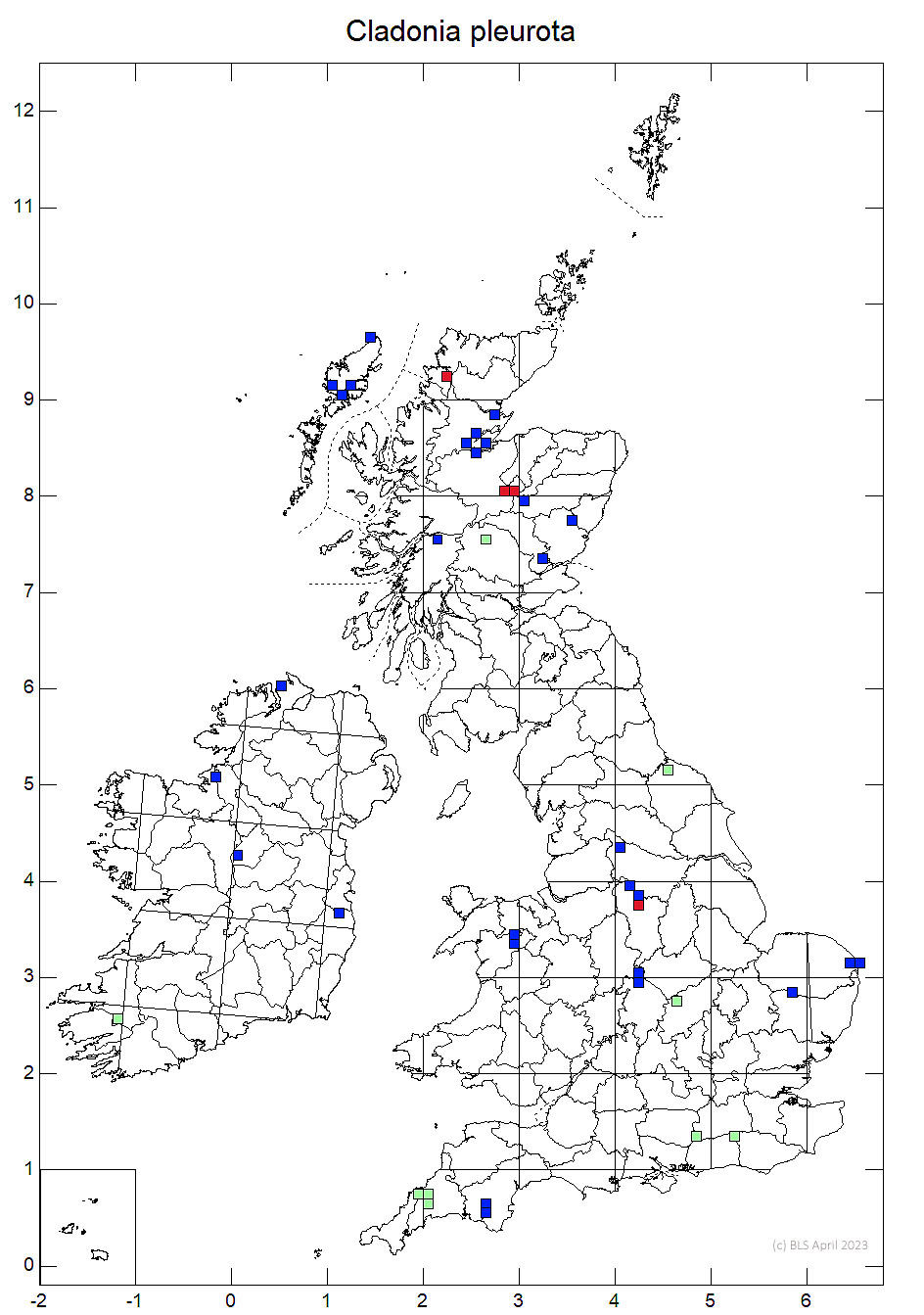 Cladonia pleurota 10km sq distribution map