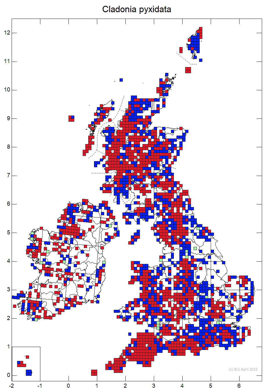 Cladonia pyxidata 10km sq distribution map