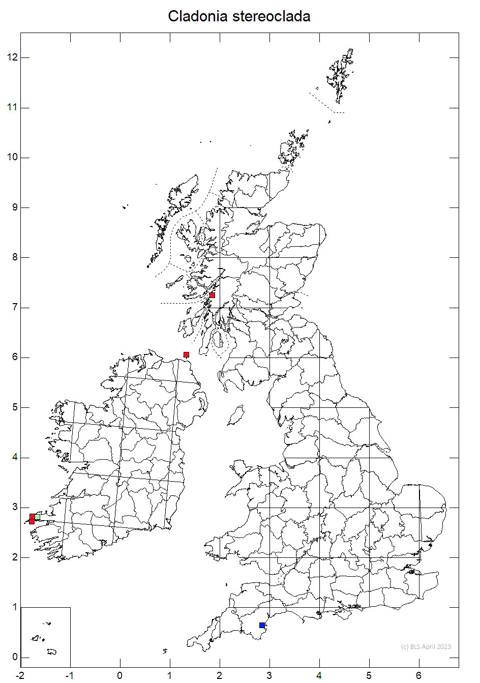 Cladonia stereoclada 10km sq distribution map