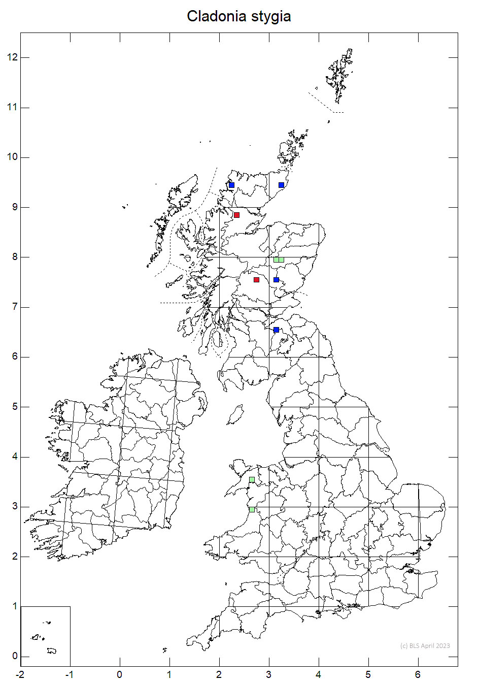 Cladonia stygia 10km sq distribution map