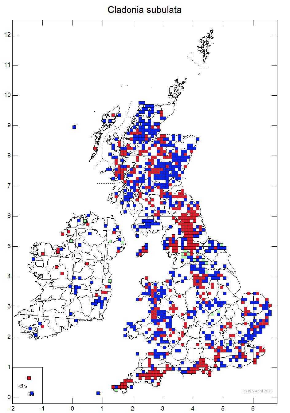 Cladonia subulata 10km sq distribution map