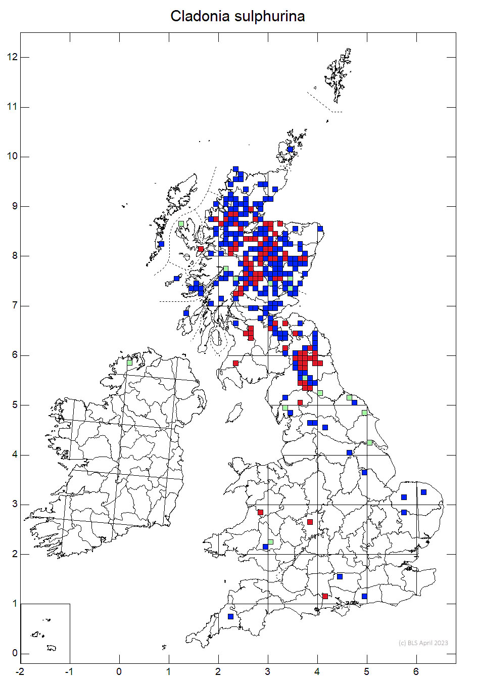 Cladonia sulphurina 10km sq distribution map