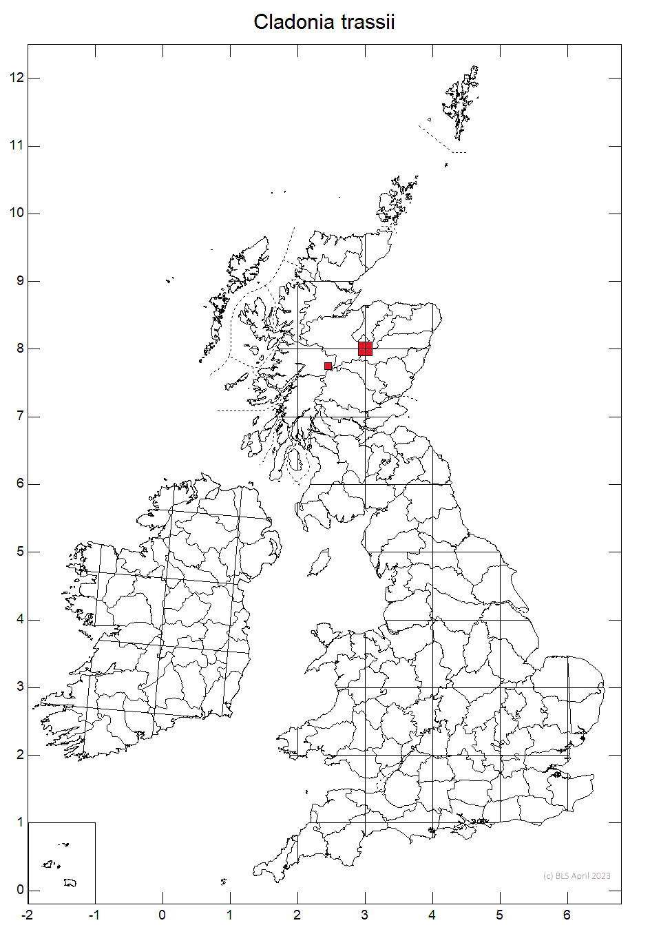 Cladonia trassii 10km sq distribution map