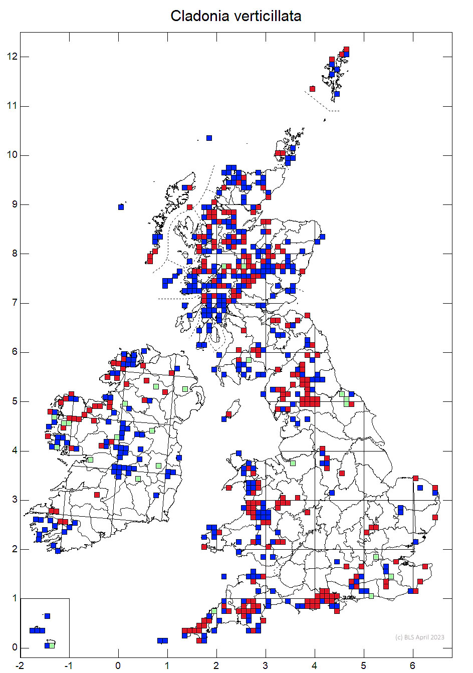 Cladonia verticillata 10km distribution map