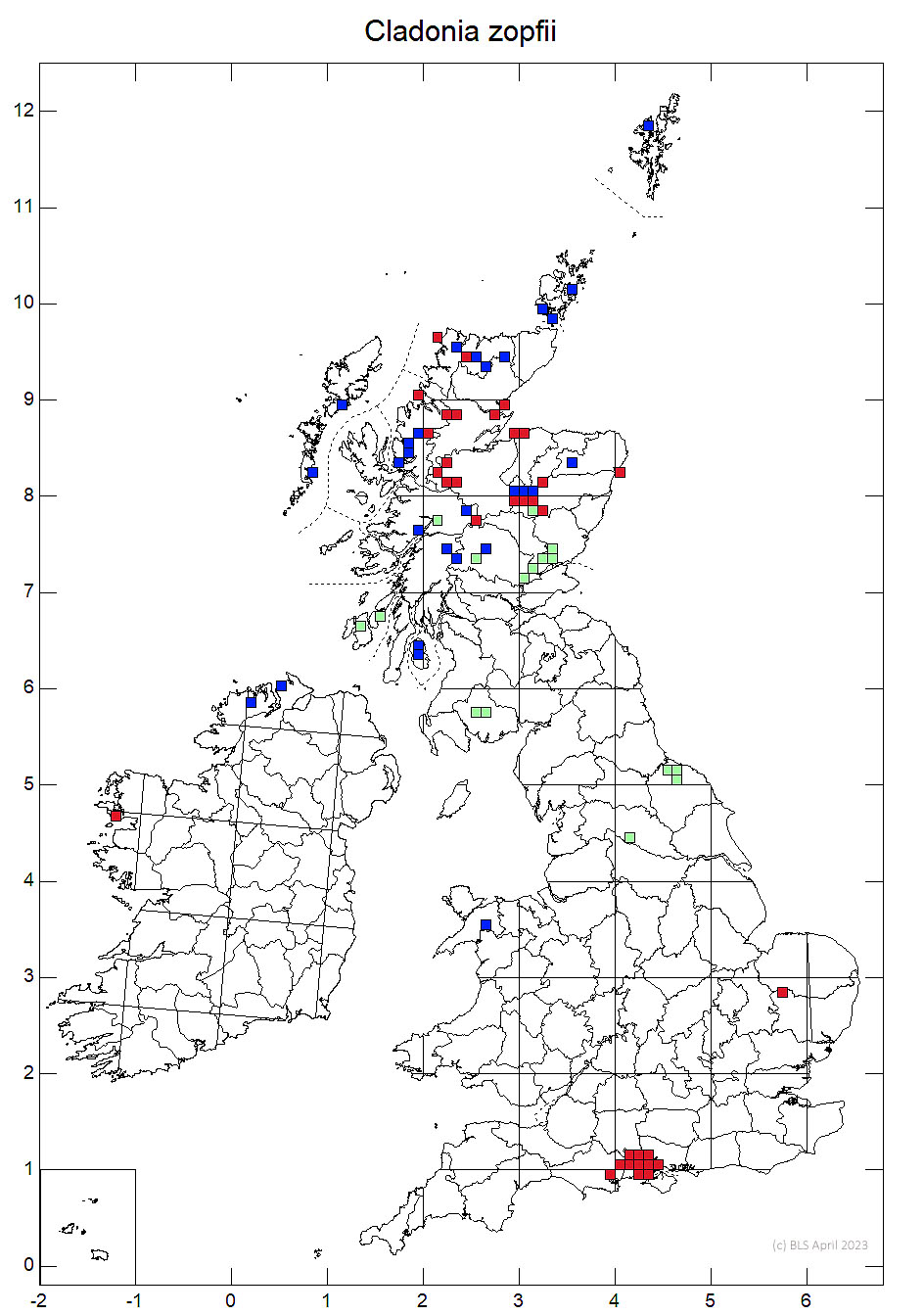Cladonia zopfii 10km sq distribution map