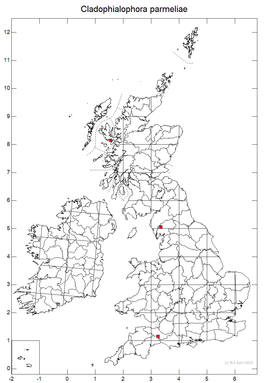 Cladophialophora parmeliae 10km sq distribution map