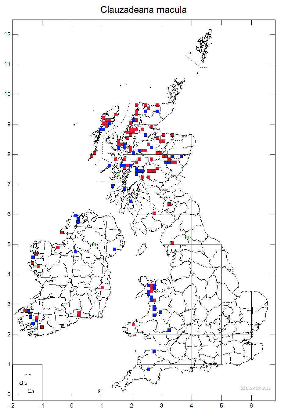 Clauzadeana macula 10km sq distribution map