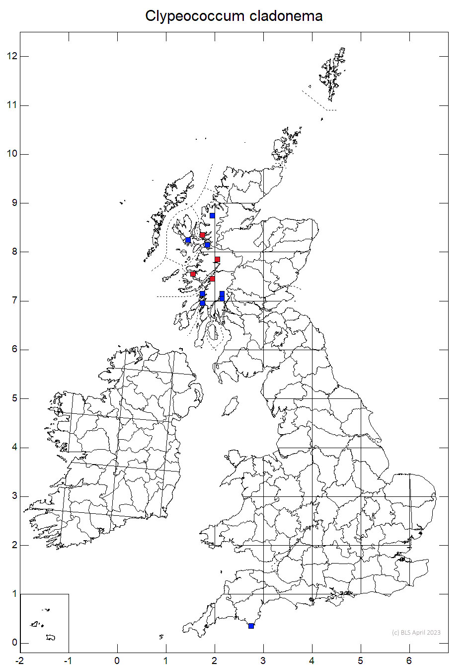 Clypeococcum cladonema 10km sq distribution map