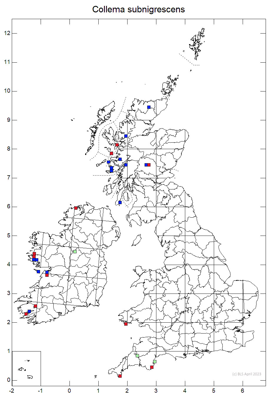 Collema subnigrescens 10km sq distribution map