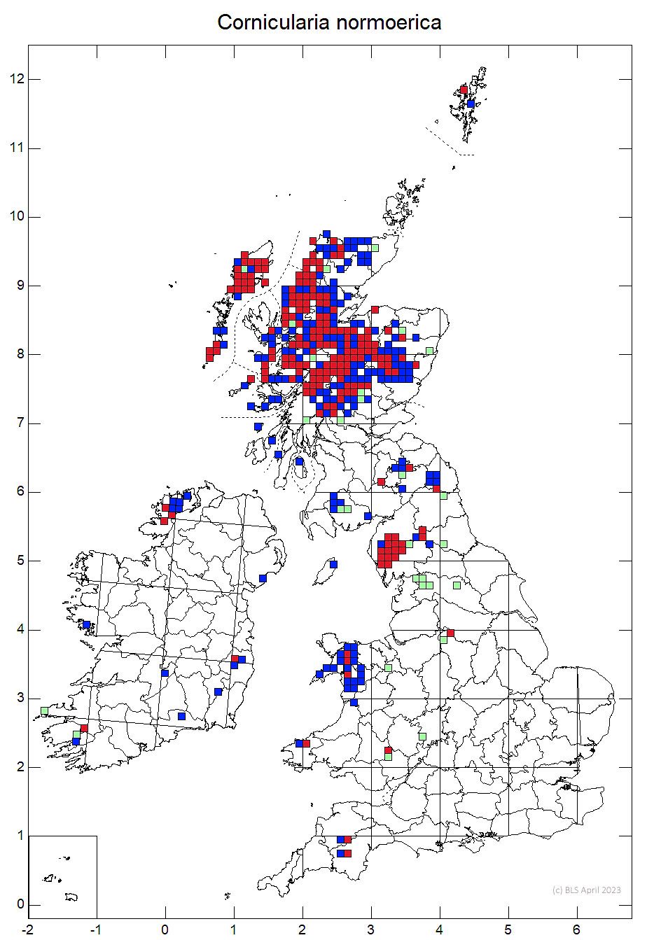 Cornicularia normoerica 10km sq distribution map