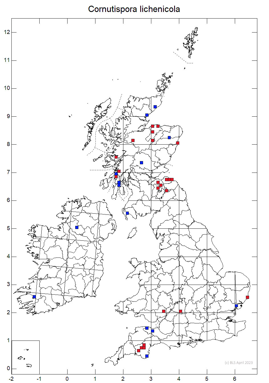 Cornutispora lichenicola 10km sq distribution map
