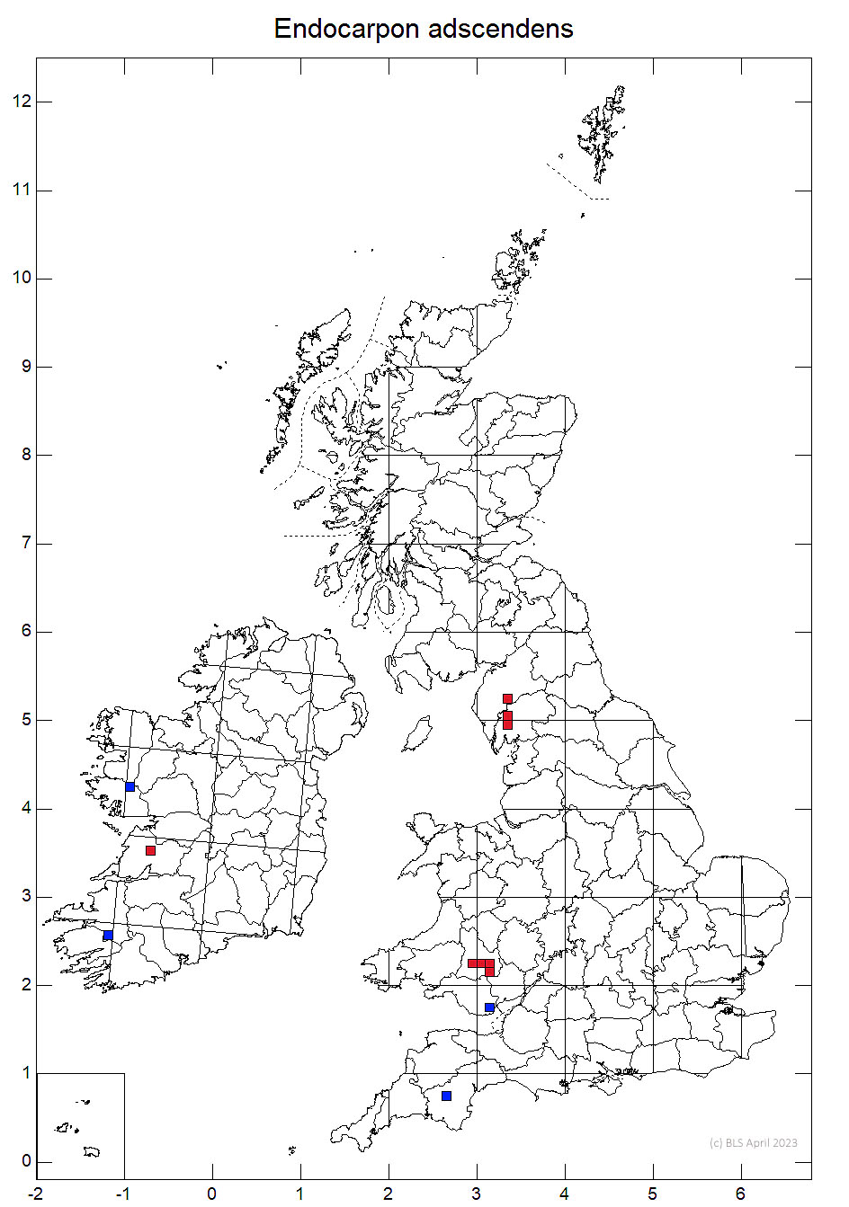Endocarpon adscendens 10km sq distribution map