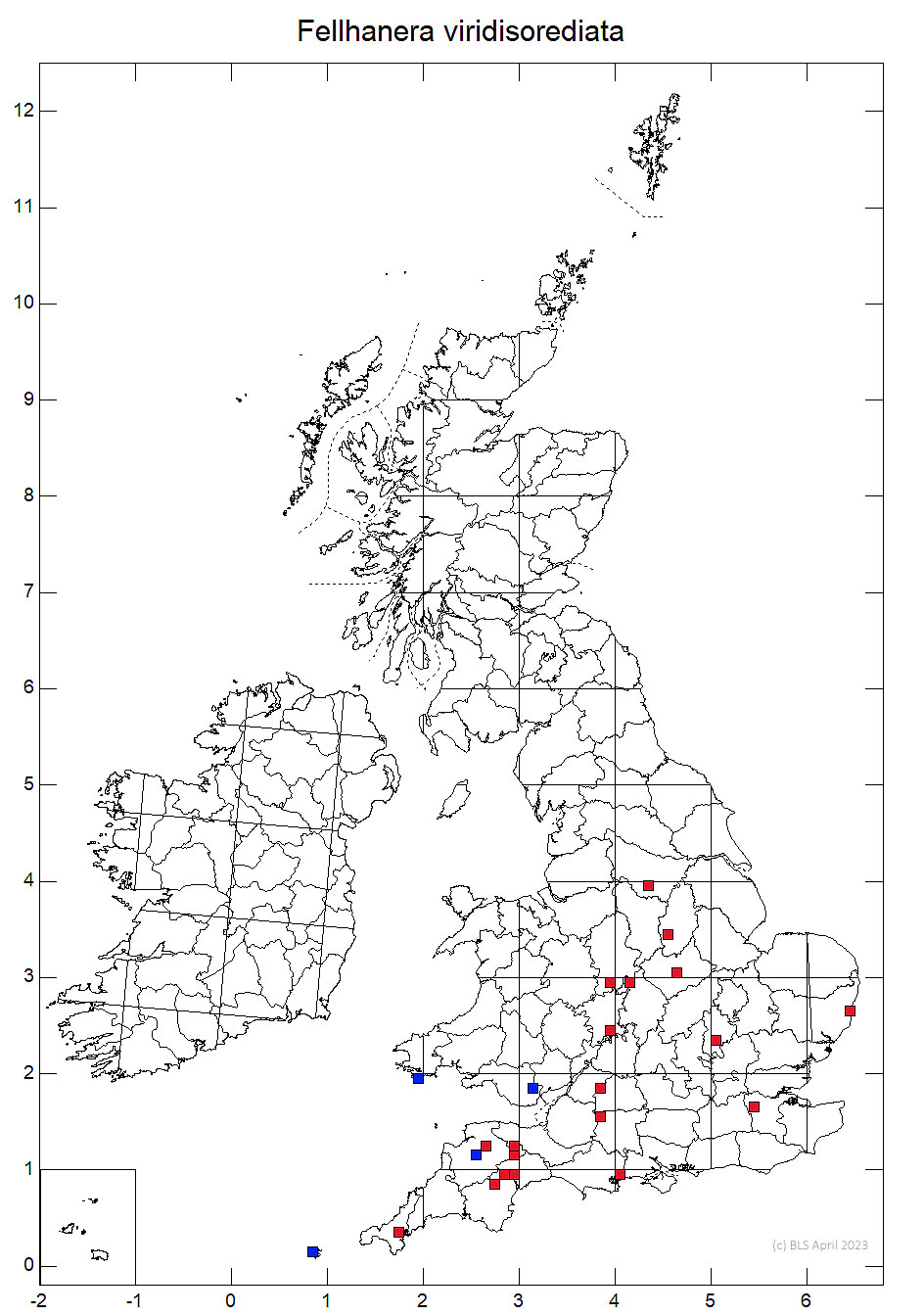 Fellhanera viridisorediata 10km sq distribution map
