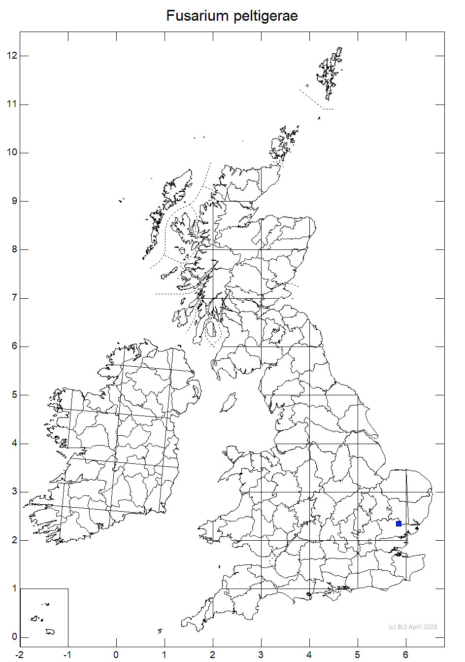 Fusarium peltigerae 10km sq distribution map