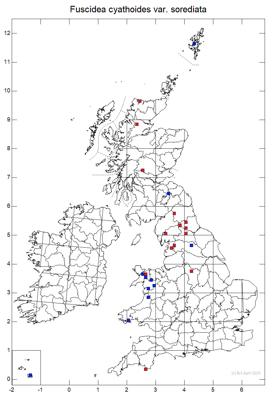 Fuscidea cyathoides var. sorediata 10km sq distribution map