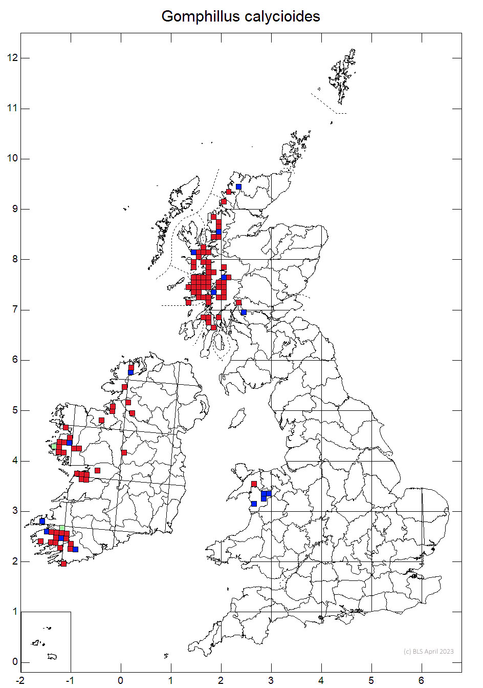 Gomphillus calycioides 10km sq distribution map