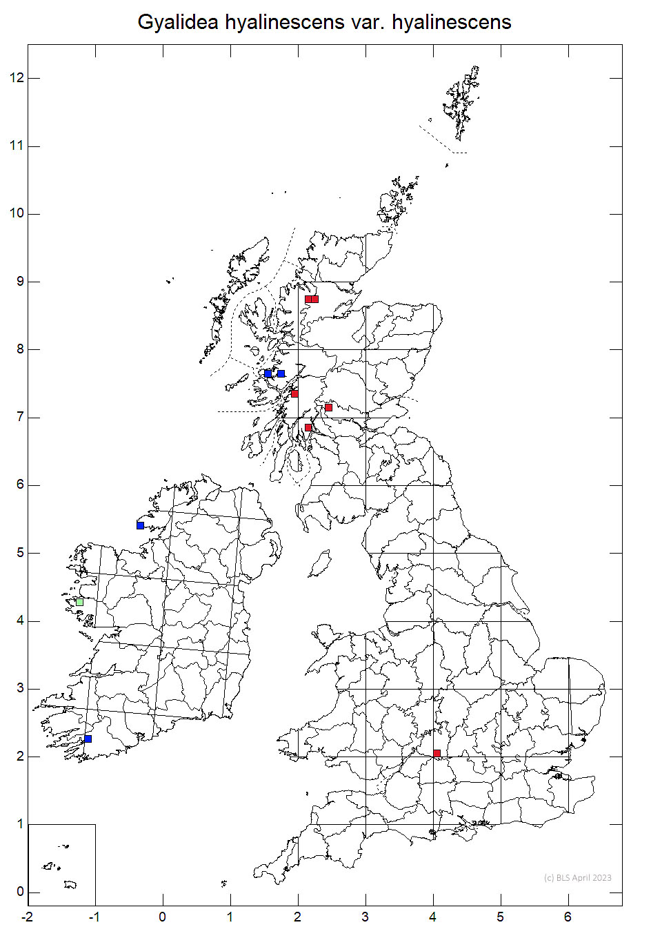 Gyalidea hyalinescens var. hyalinescens 10km sq distribution map