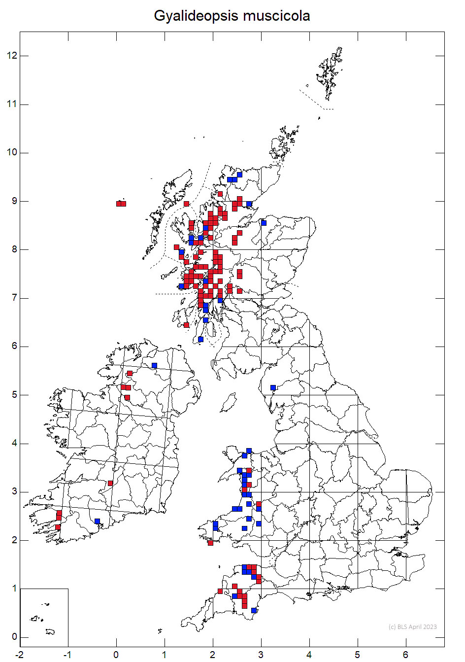 Gyalideopsis muscicola 10km sq distribution map