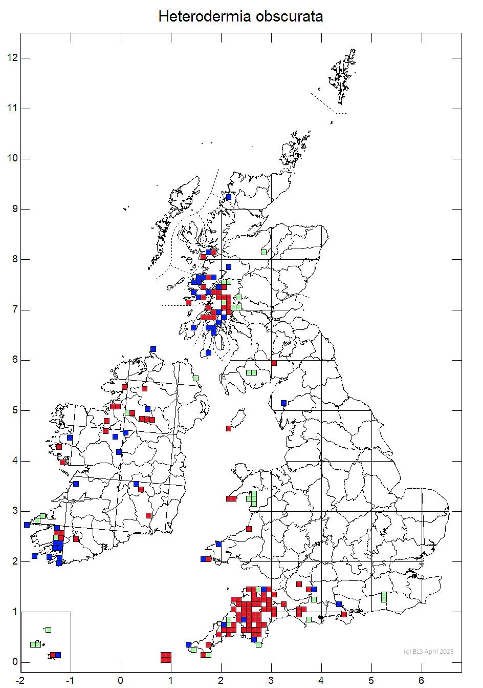 Heterodermia obscurata 10km sq distribution map