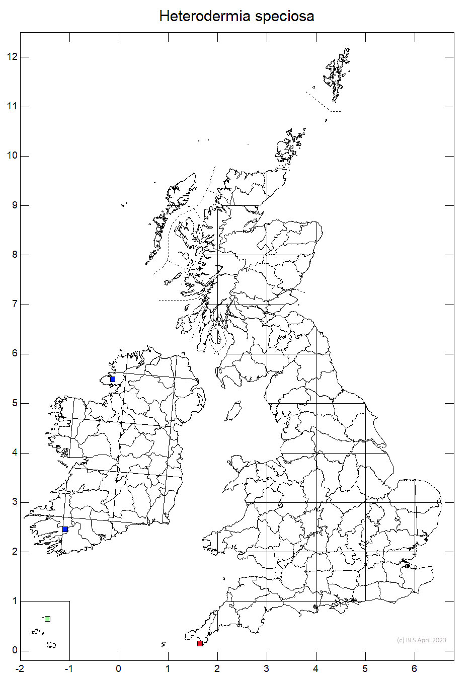 Heterodermia speciosa 10km sq distribution map
