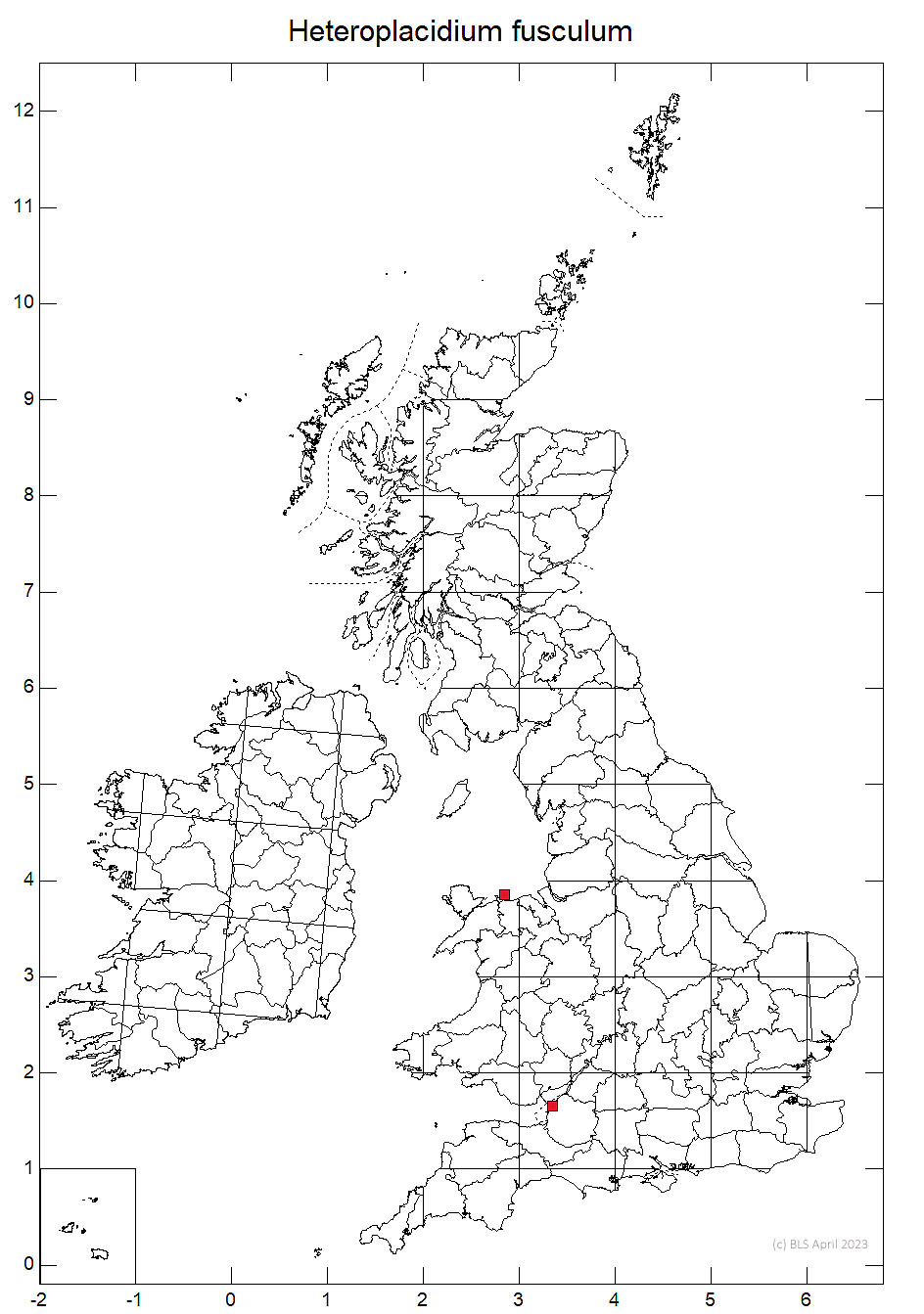 Heteroplacidium fusculum 10km sq distribution map