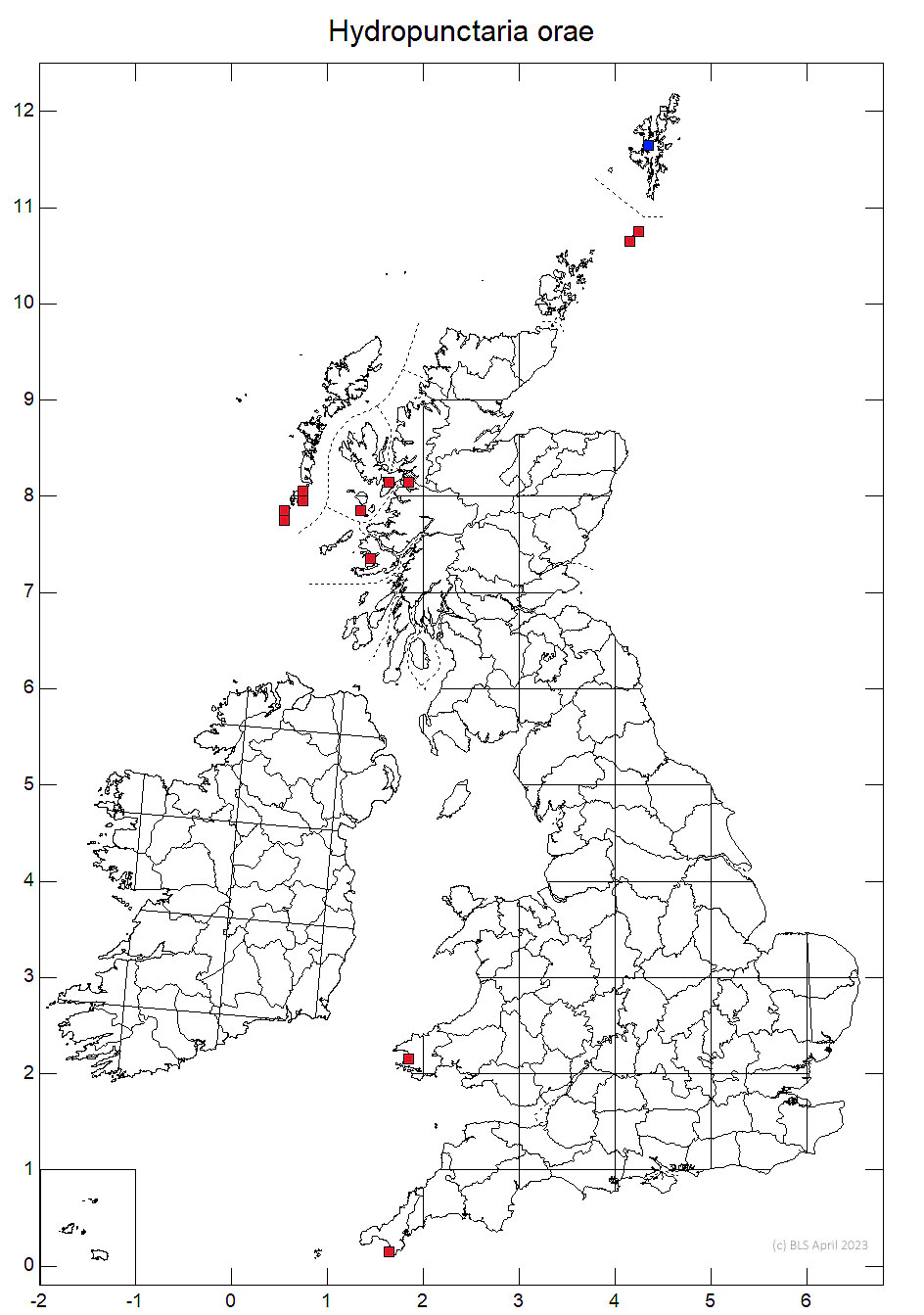 Hydropunctaria orae 10km sq distribution map