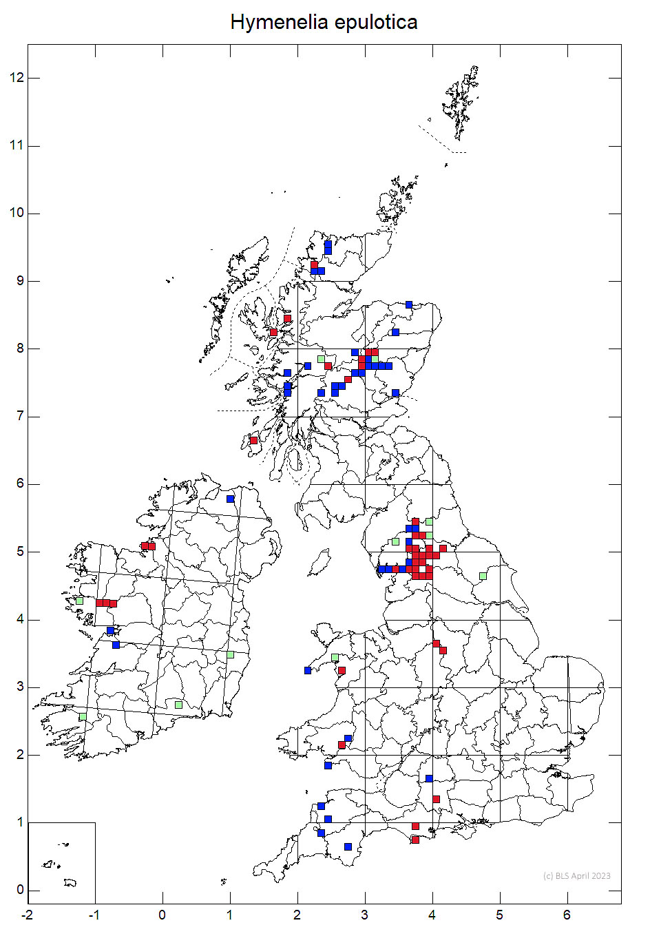 Hymenelia epulotica 10km sq distribution map