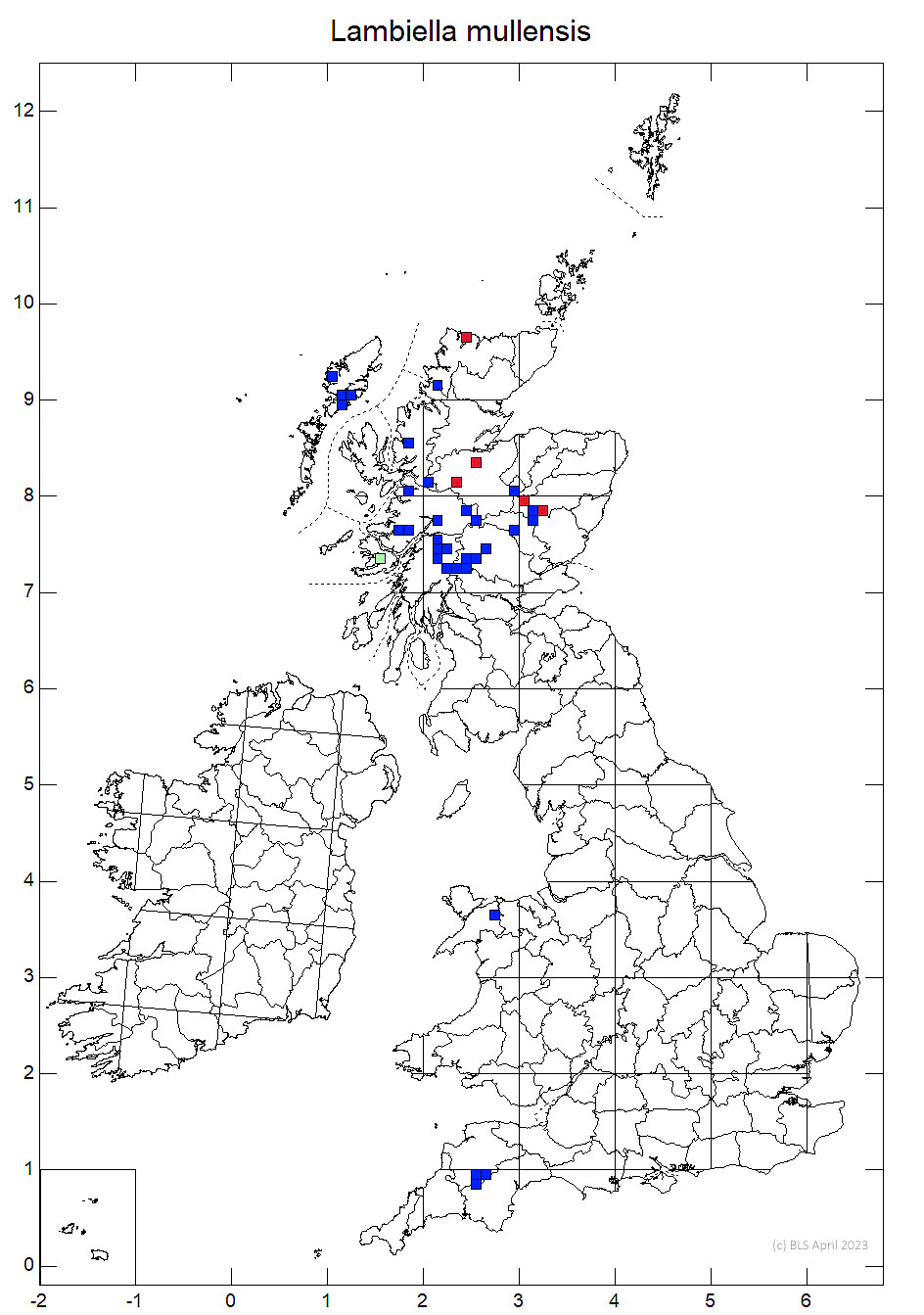 Lambiella mullensis 10km distribution map