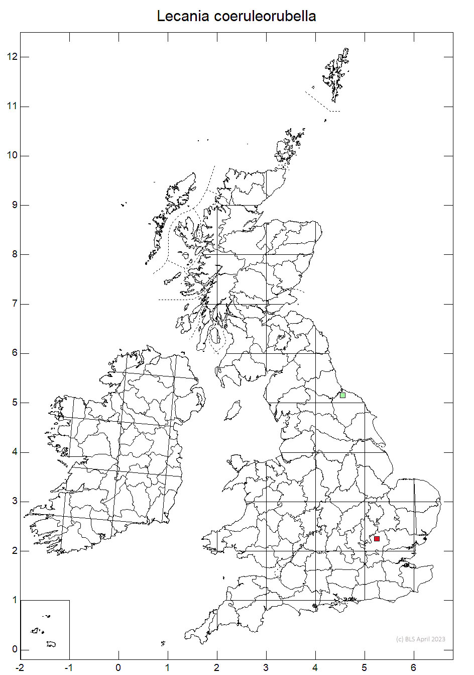 Lecania coeruleorubella 10km sq distribution map