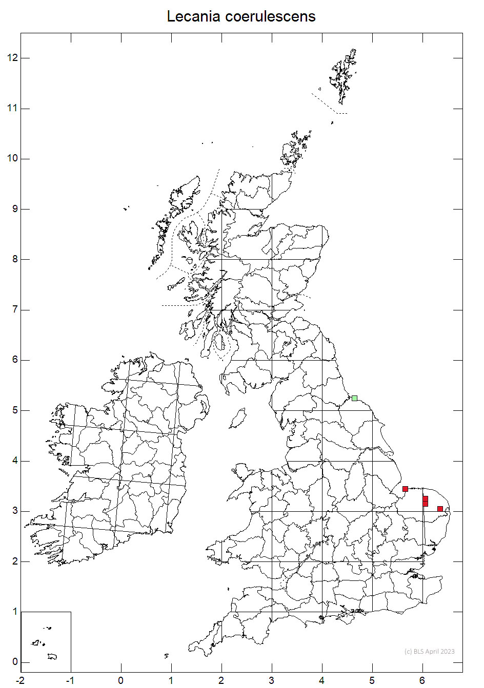 Lecania coerulescens 10km sq distribution map