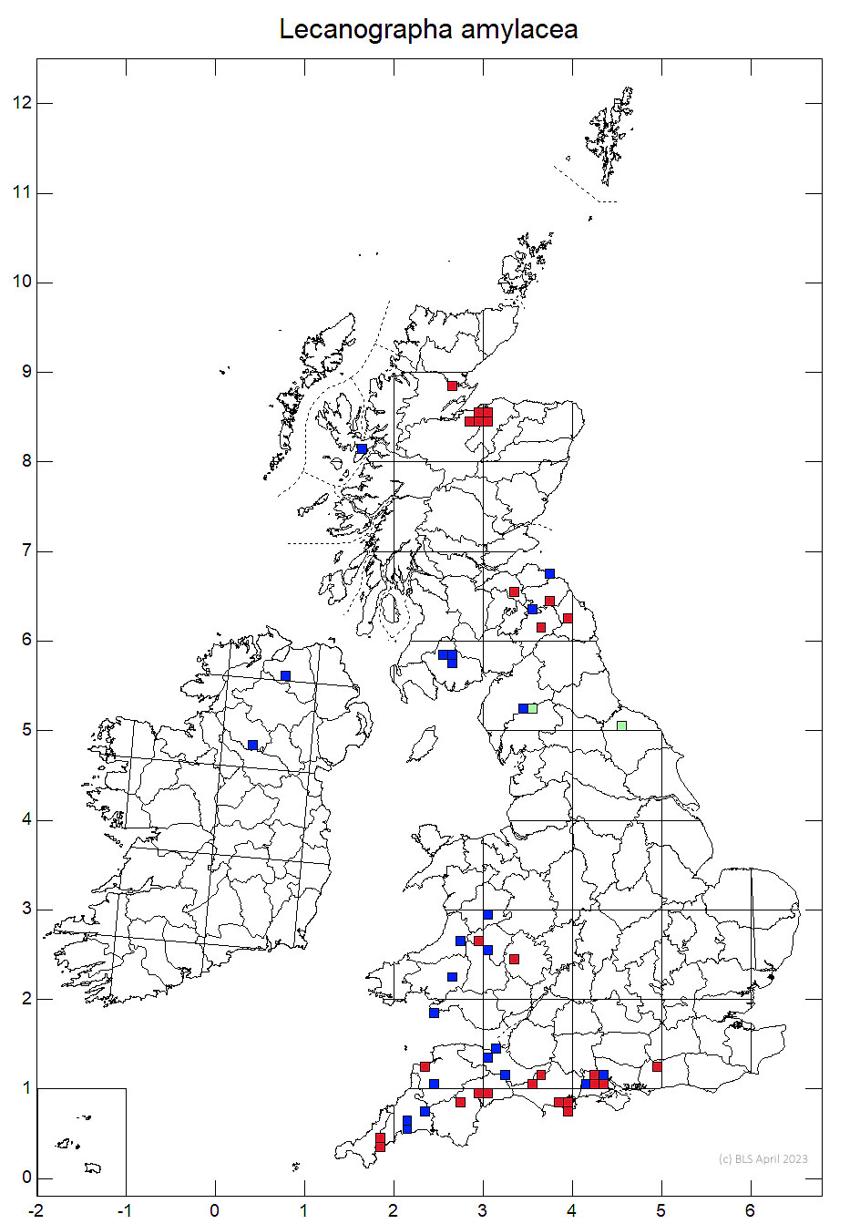 Lecanographa amylacea 10km sq distribution map