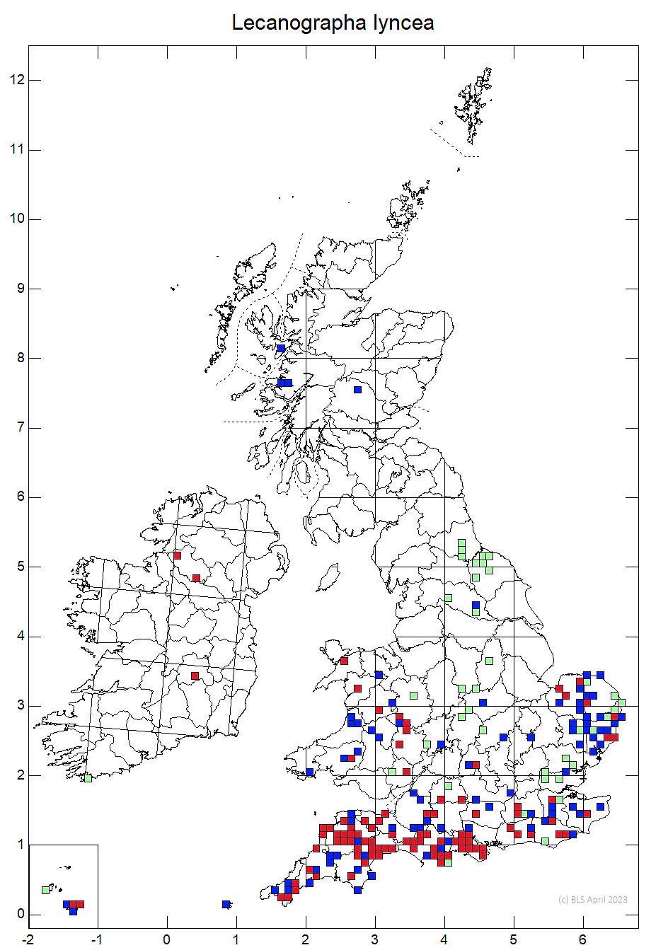 Lecanographa lyncea 10km sq distribution map