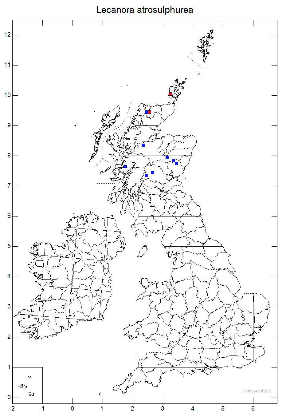 Lecanora atrosulphurea 10km sq distribution map