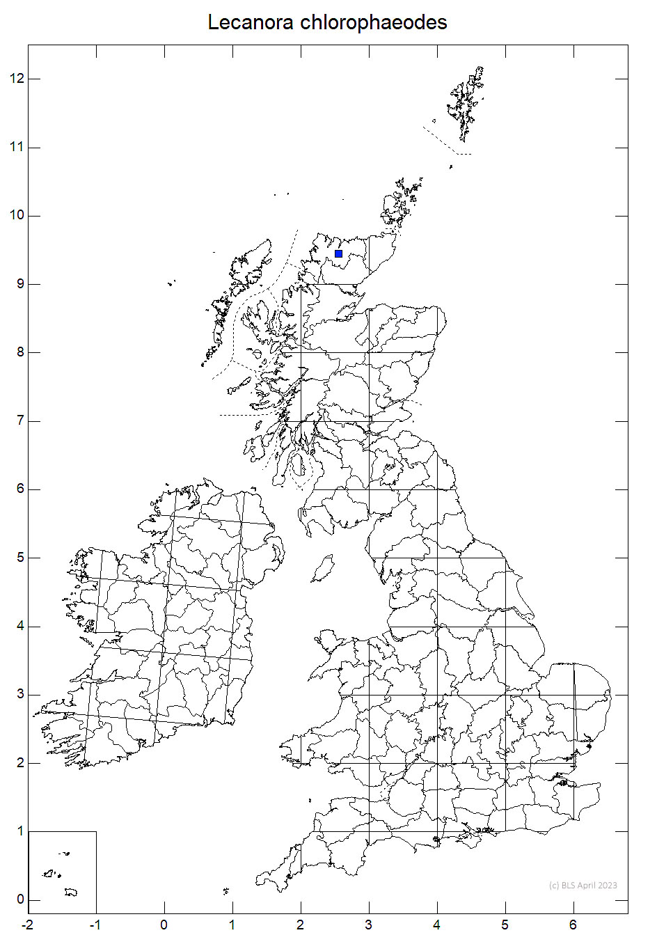 Lecanora chlorophaeodes 10km sq distribution map