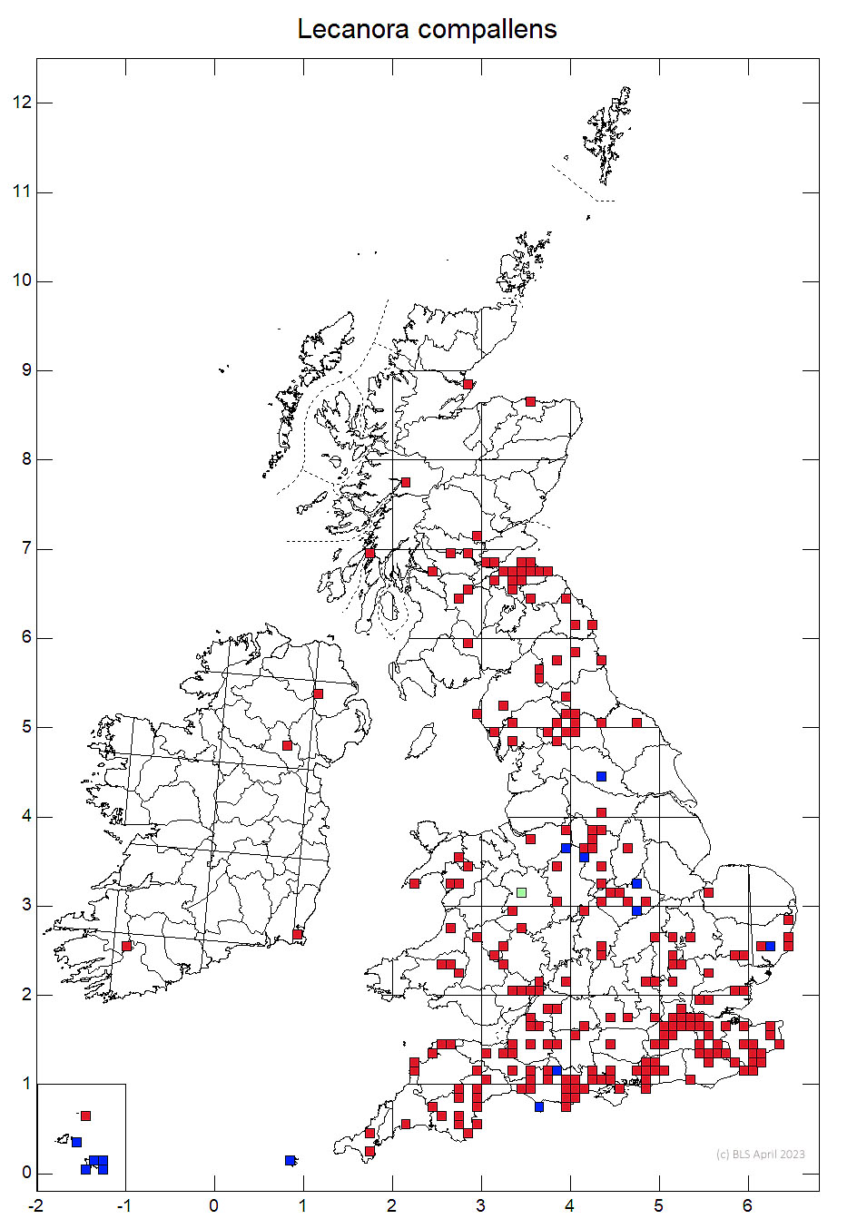 Lecanora compallens 10km sq distribution map