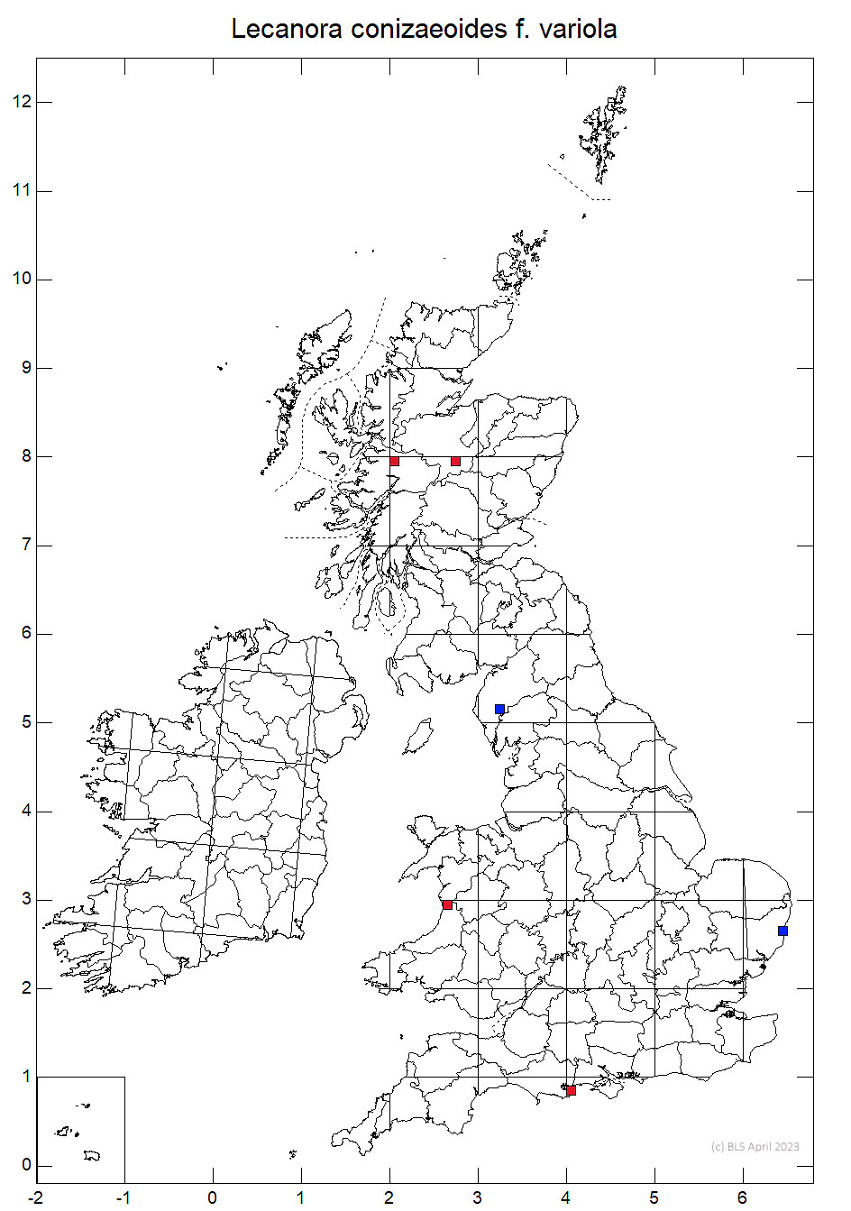 Lecanora conizaeoides f. variola 10km sq distribution map