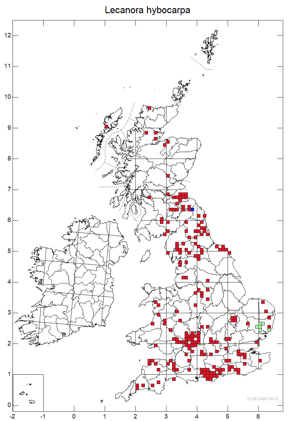 Lecanora hybocarpa 10km sq distribution map