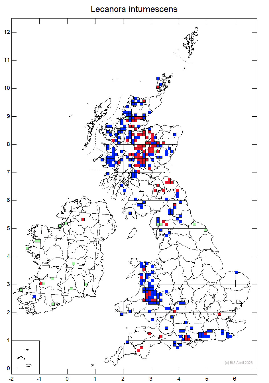 Lecanora intumescens 10km sq distribution map