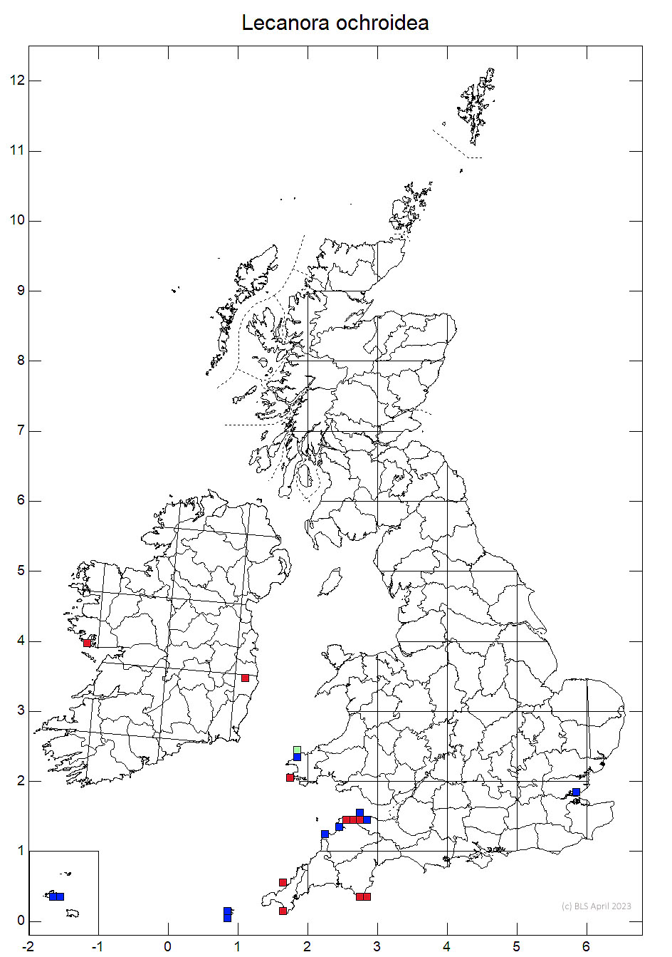 Lecanora ochroidea 10km sq distribution map