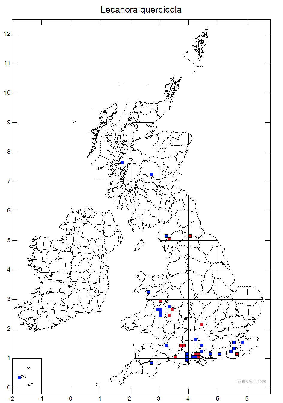 Lecanora quercicola 10km sq distribution map