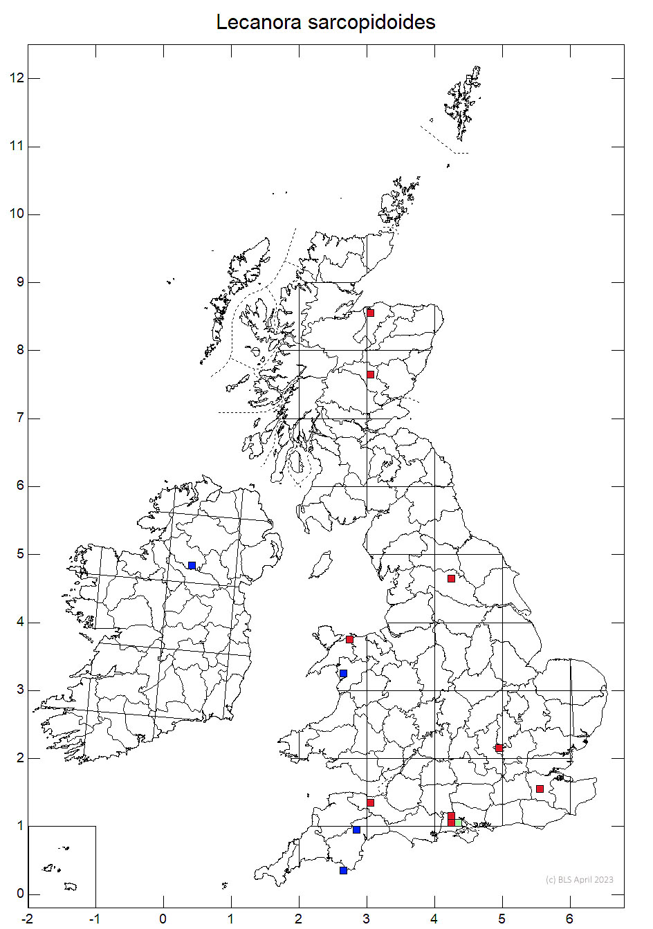 Lecanora sarcopidoides 10km sq distribution map