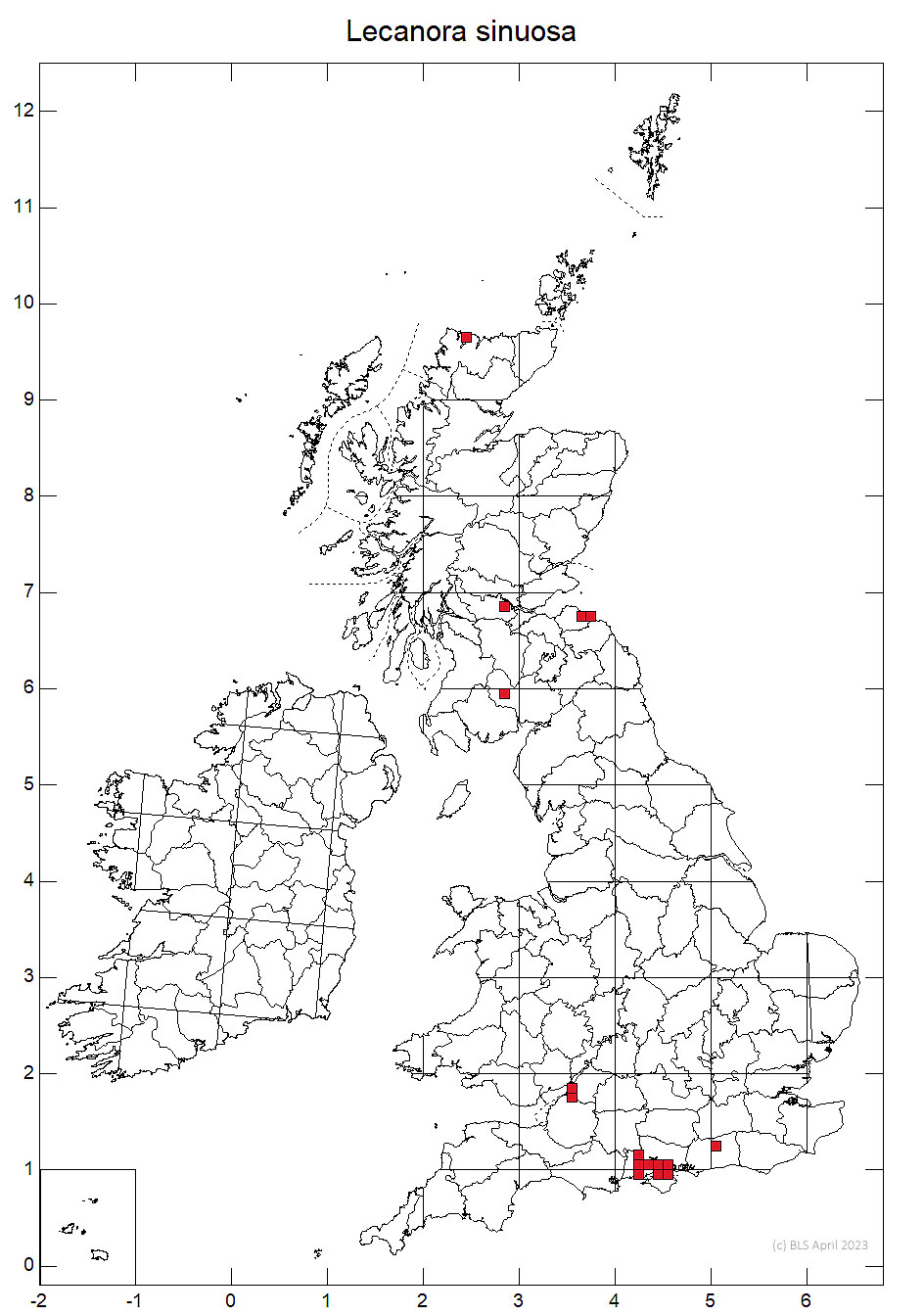 Lecanora sinuosa 10km sq distribution map