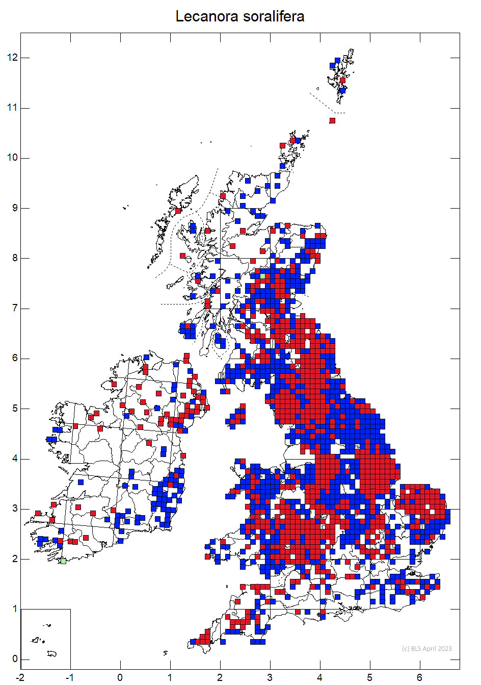 Lecanora soralifera 10km sq distribution map