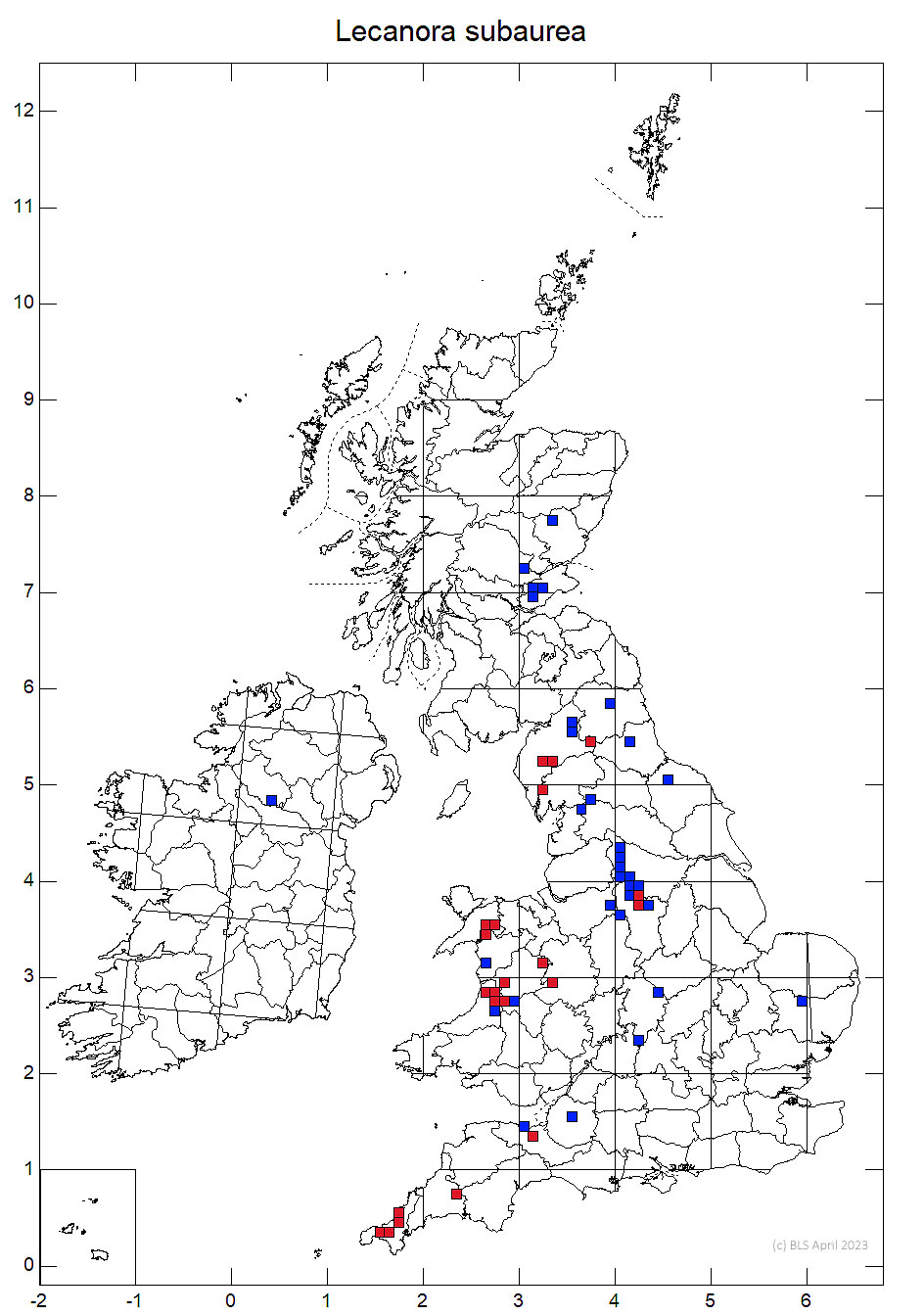 Lecanora subaurea 10km sq distribution map