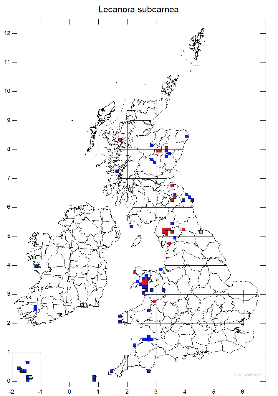 Lecanora subcarnea 10km sq distribution map