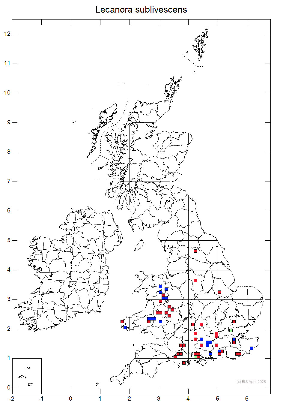Lecanora sublivescens 10km sq distribution map