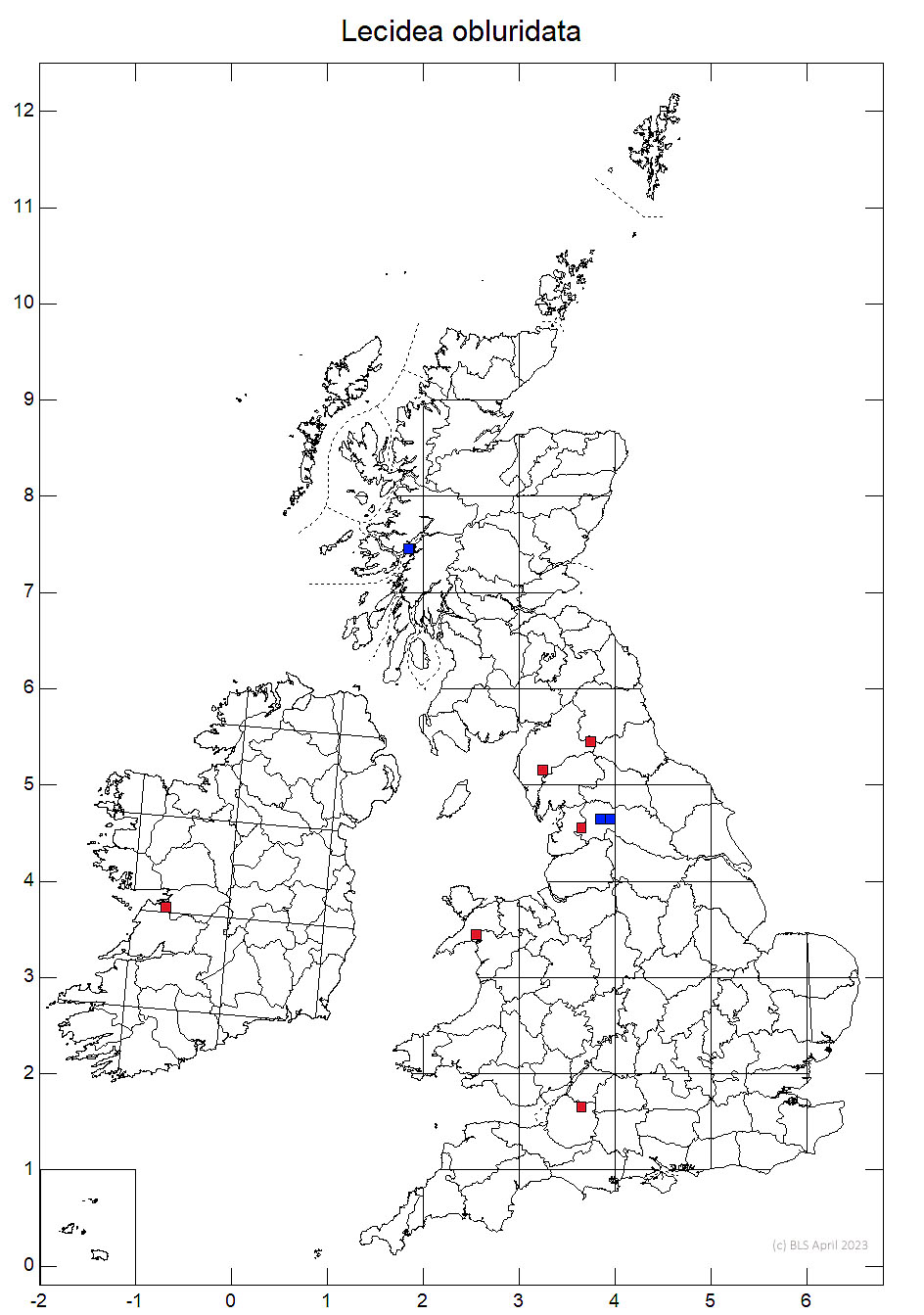 Lecidea obluridata 10km sq distribution map