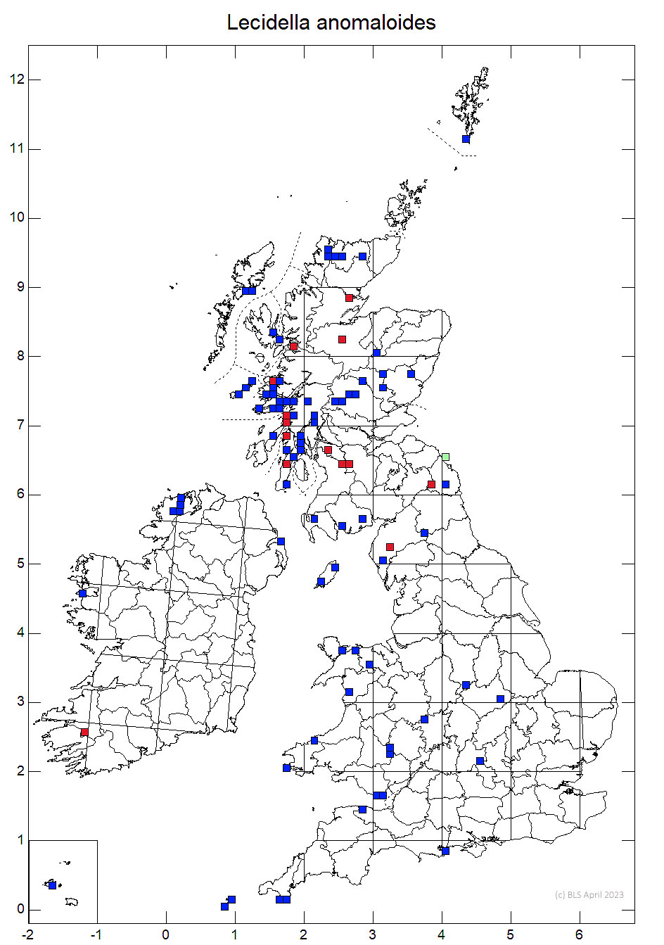 Lecidella anomaloides 10km sq distribution map