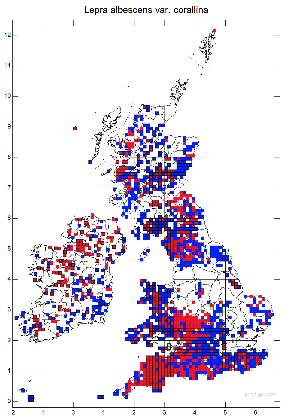 Lepra albescens var. corallina 10km distribution map