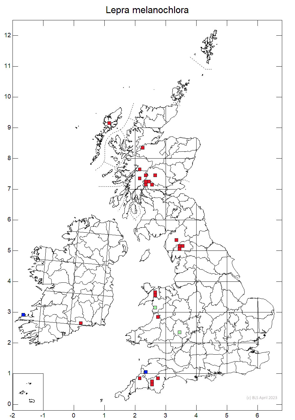 Lepra melanochlora 10km distribution map